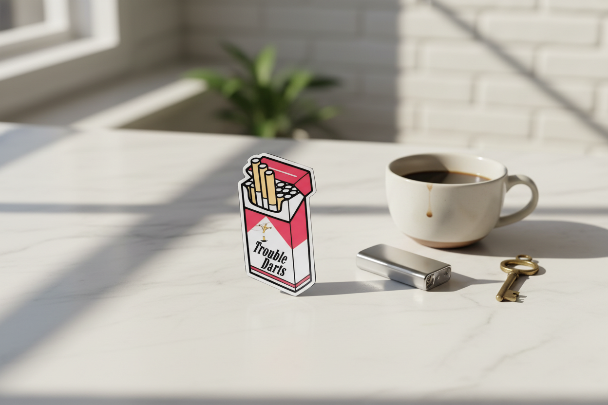 Trouble Darts Cigarette Pack Sticker | Red & White 2x2 Funny Sassy Vinyl Decal for Laptop, Water Bottle, or Toolbox