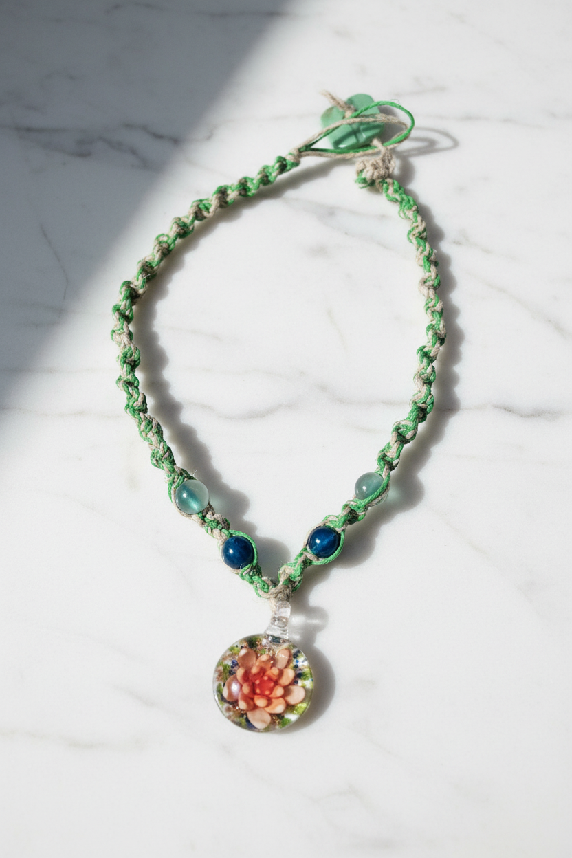 Handmade Hemp Necklace with Glass Flower Pendant
