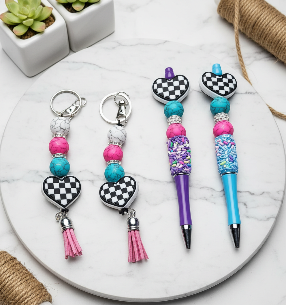 Handmade Checkered Heart Keychain: Multicolor Beaded Charm