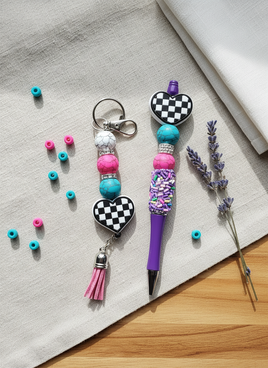 Handmade Checkered Heart Keychain: Multicolor Beaded Charm