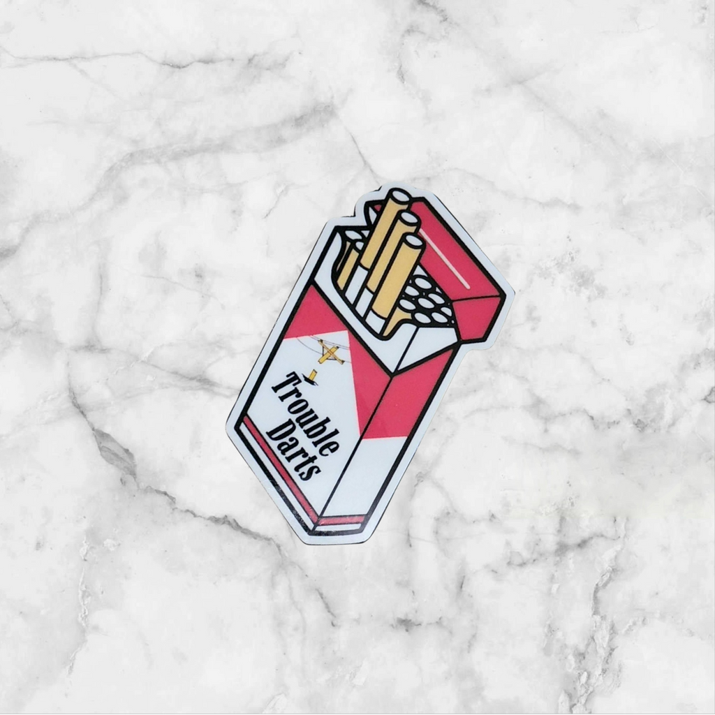 Trouble Darts Cigarette Pack Sticker | Red & White 2x2 Funny Sassy Vinyl Decal for Laptop, Water Bottle, or Toolbox