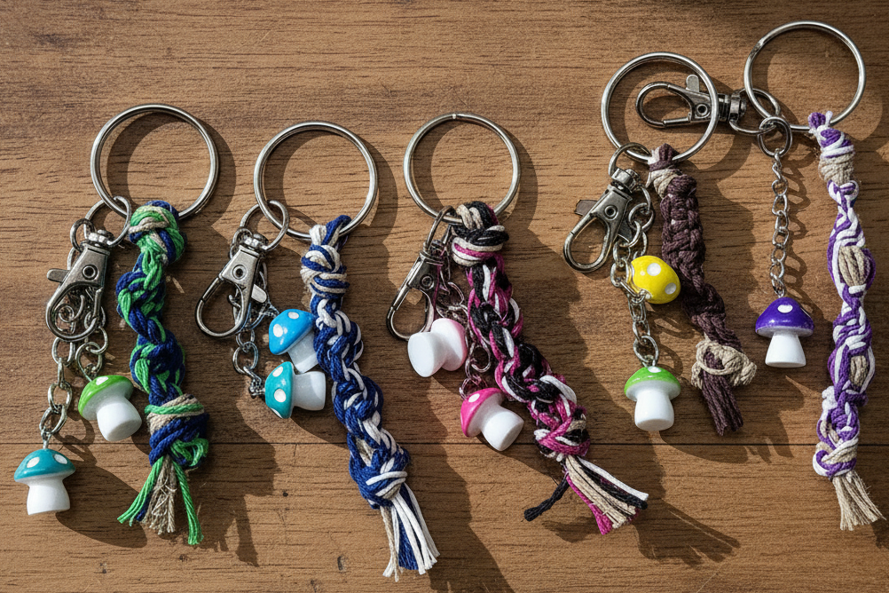 Mini Hemp Keychain with Acrylic Mushroom Charm - Boho Key Ring, Eco-Friendly Gift, Handmade Accessory, Nature-Inspired Jewelry