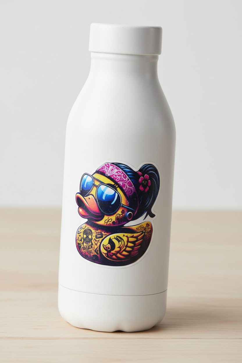 Tattooed Rubber Duck Sticker: Edgy Waterproof Vinyl Decal