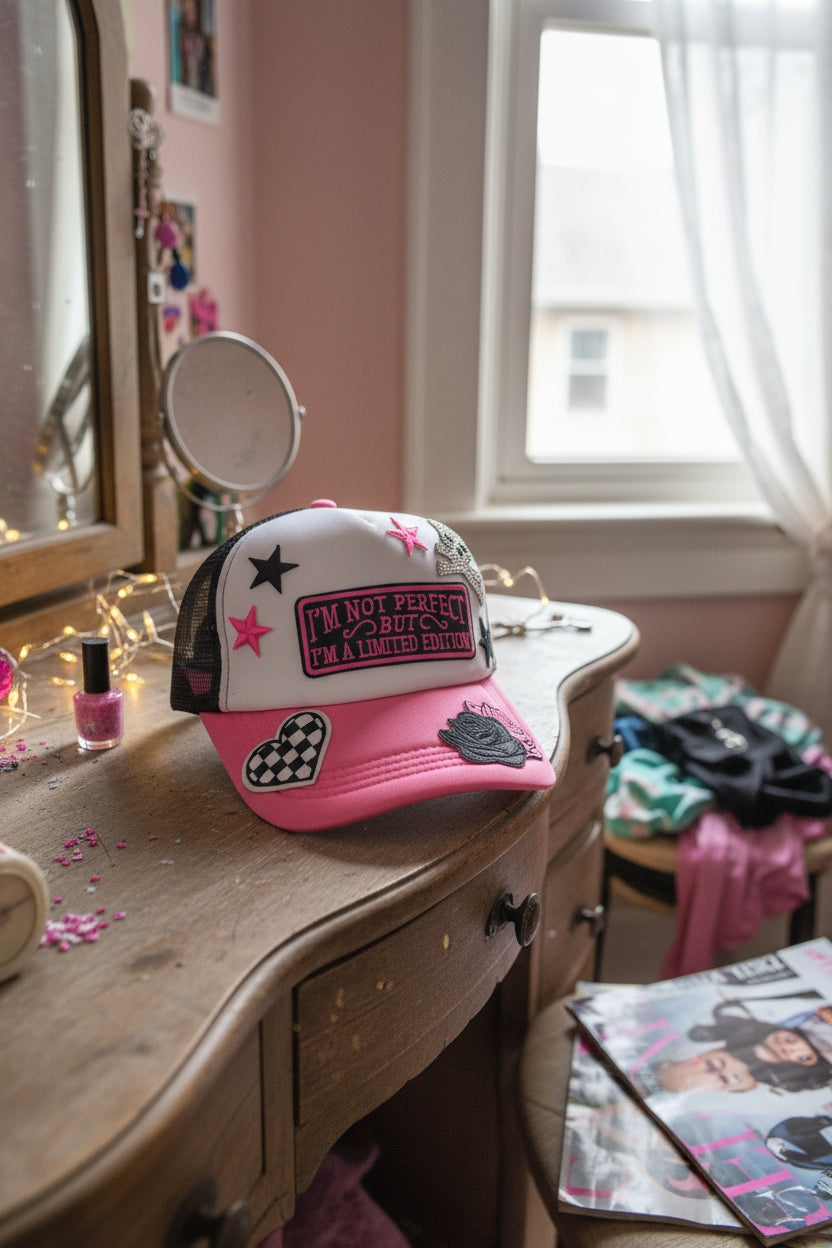 Pink/White/Black Trucker Hat with Patch "I'm Not Perfect But I'm a Limited Edition