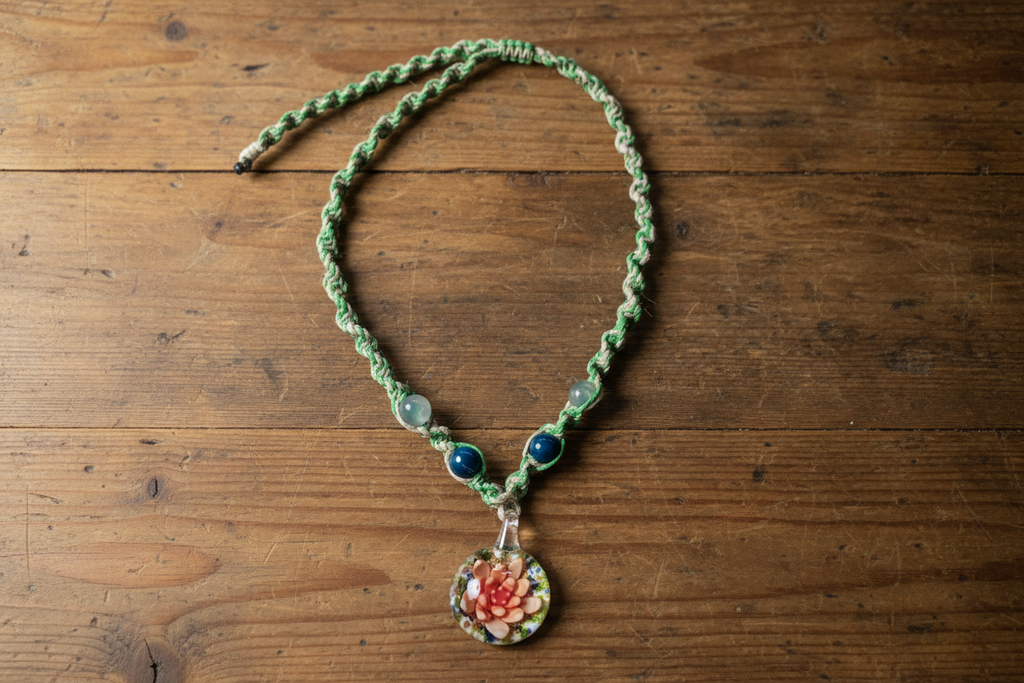 Handmade Hemp Necklace with Glass Flower Pendant
