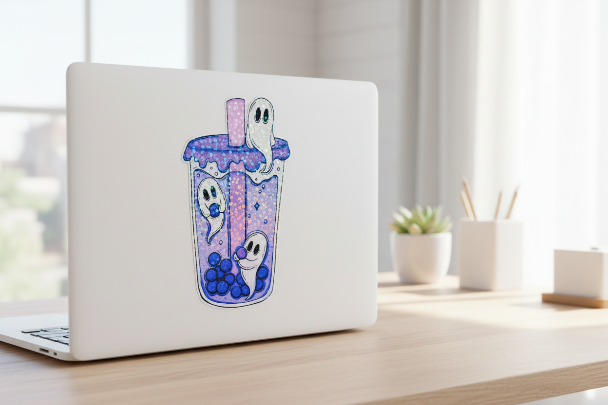 Purple Ghost Boba Tea Sticker: Kawaii Spooky Vinyl Decal