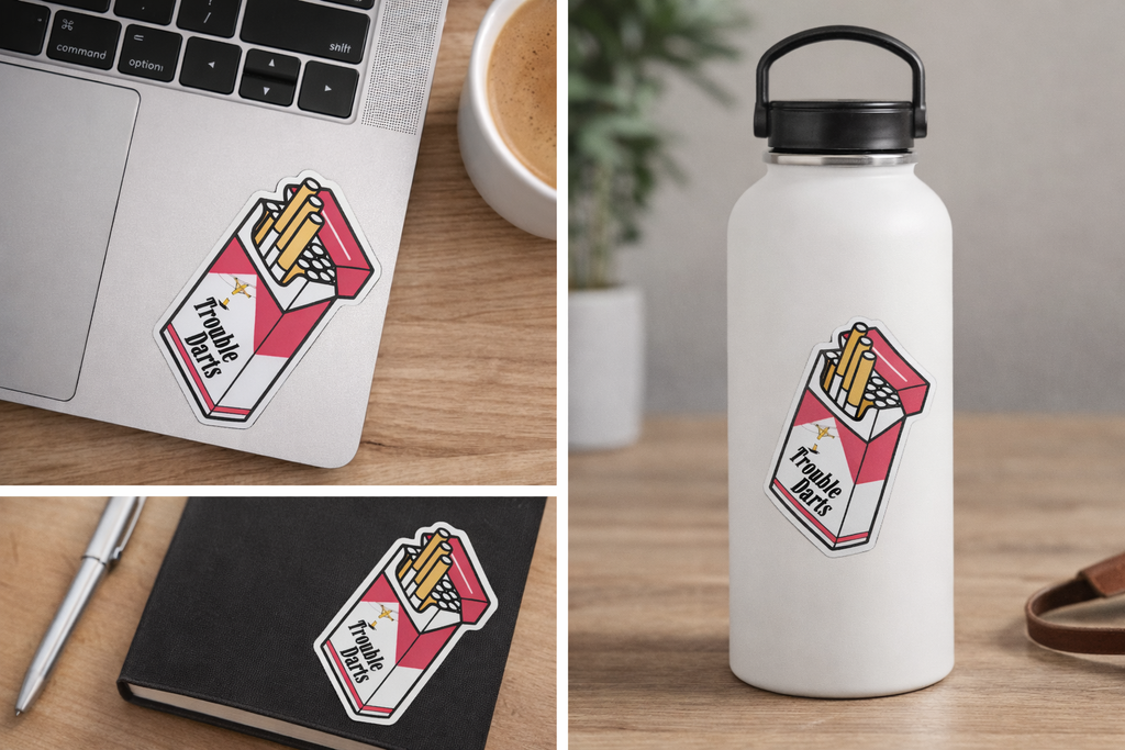 Trouble Darts Cigarette Pack Sticker | Red & White 2x2 Funny Sassy Vinyl Decal for Laptop, Water Bottle, or Toolbox