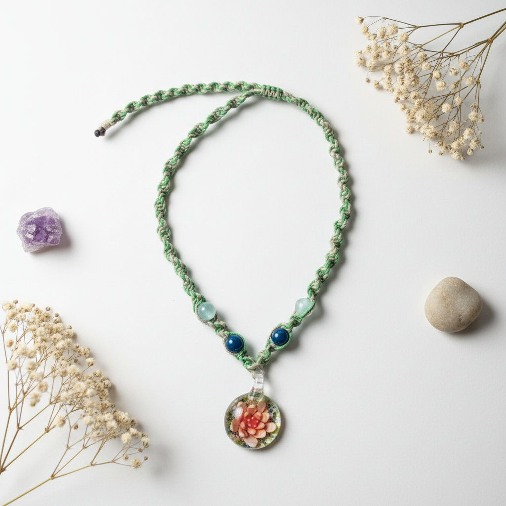 Handmade Hemp Necklace with Glass Flower Pendant