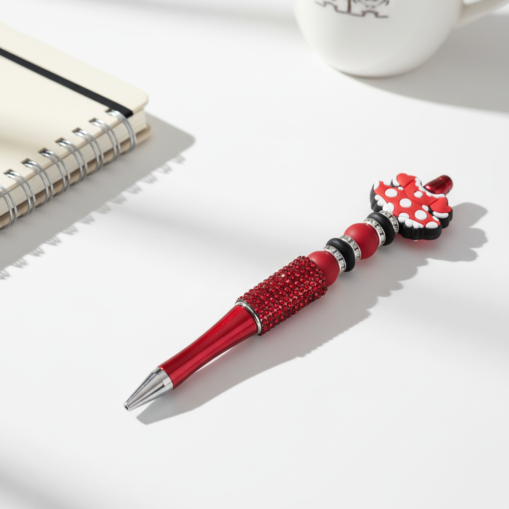 Red Black and White Beaded Keychain, Pen and Sticker Gift Set