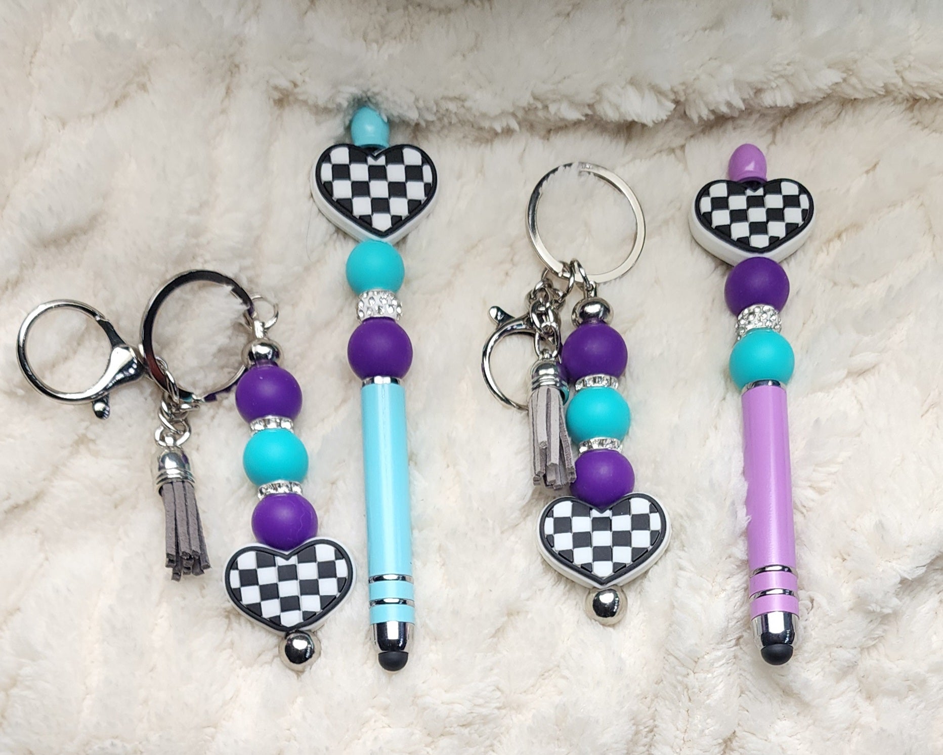 Handmade Checkered Heart Keychain: Pink & Green Beaded Keyring