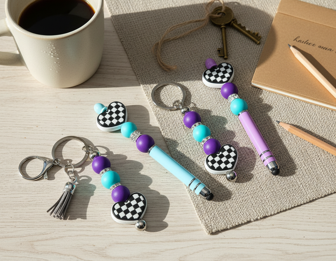 Handmade Checkered Heart Keychain: Pink & Green Beaded Keyring