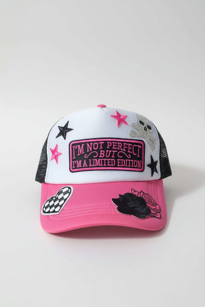 Pink/White/Black Trucker Hat with Patch "I'm Not Perfect But I'm a Limited Edition
