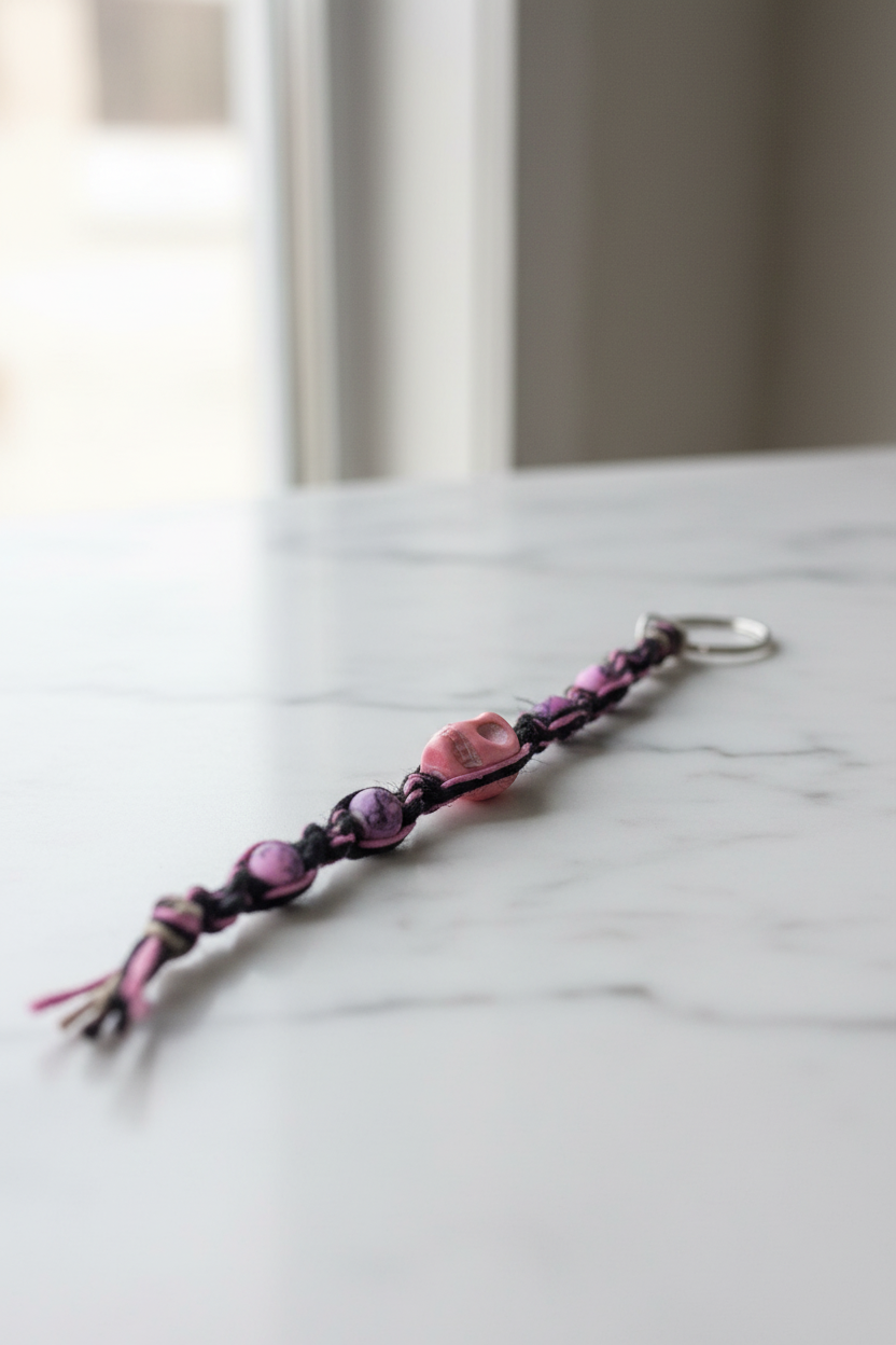 Pretty in Punk – Fierce Black & Pink Hemp Keychain with Hot Pink Beads + Badass Skull Charm | Spooky Babe Vibes Only