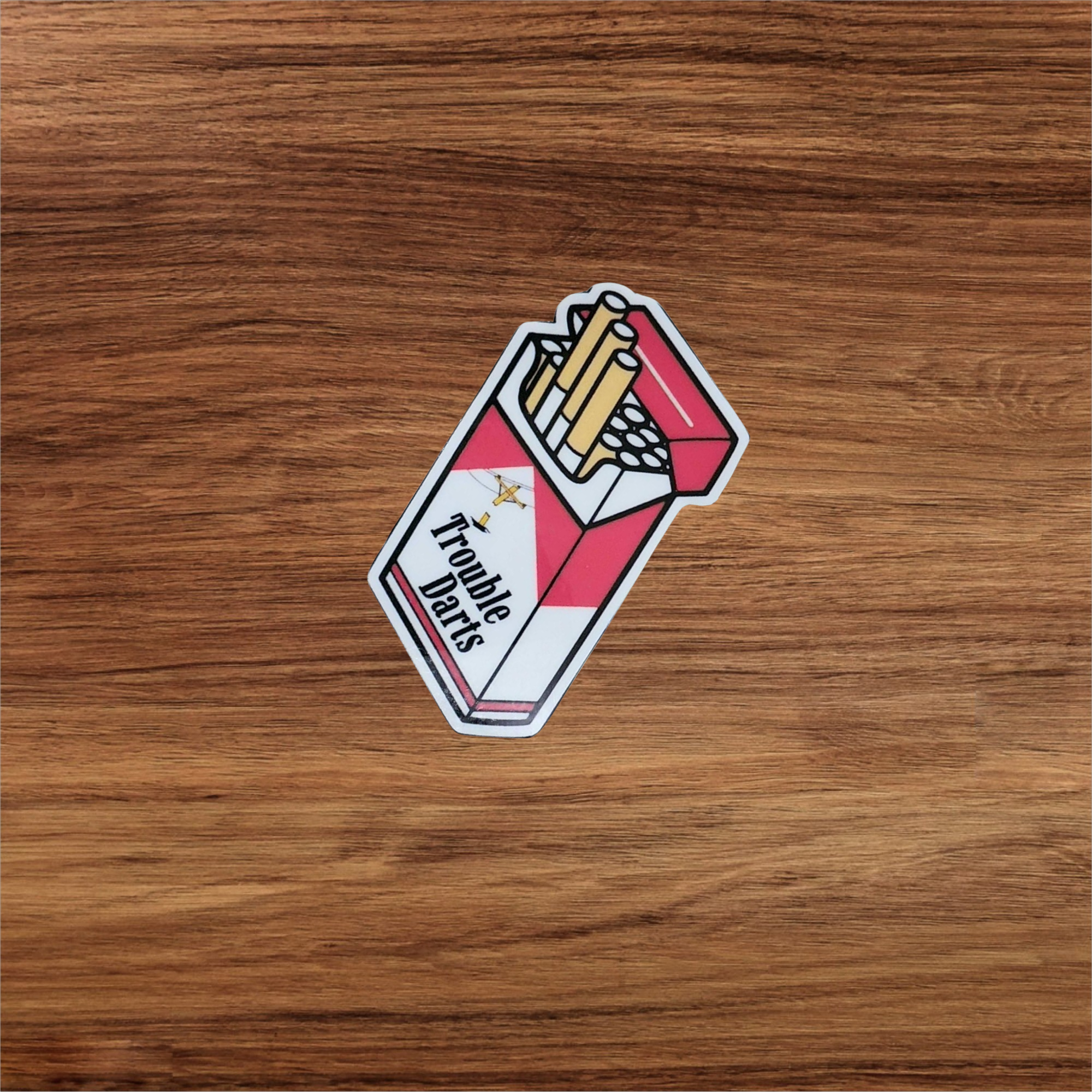 Trouble Darts Cigarette Pack Sticker | Red & White 2x2 Funny Sassy Vinyl Decal for Laptop, Water Bottle, or Toolbox