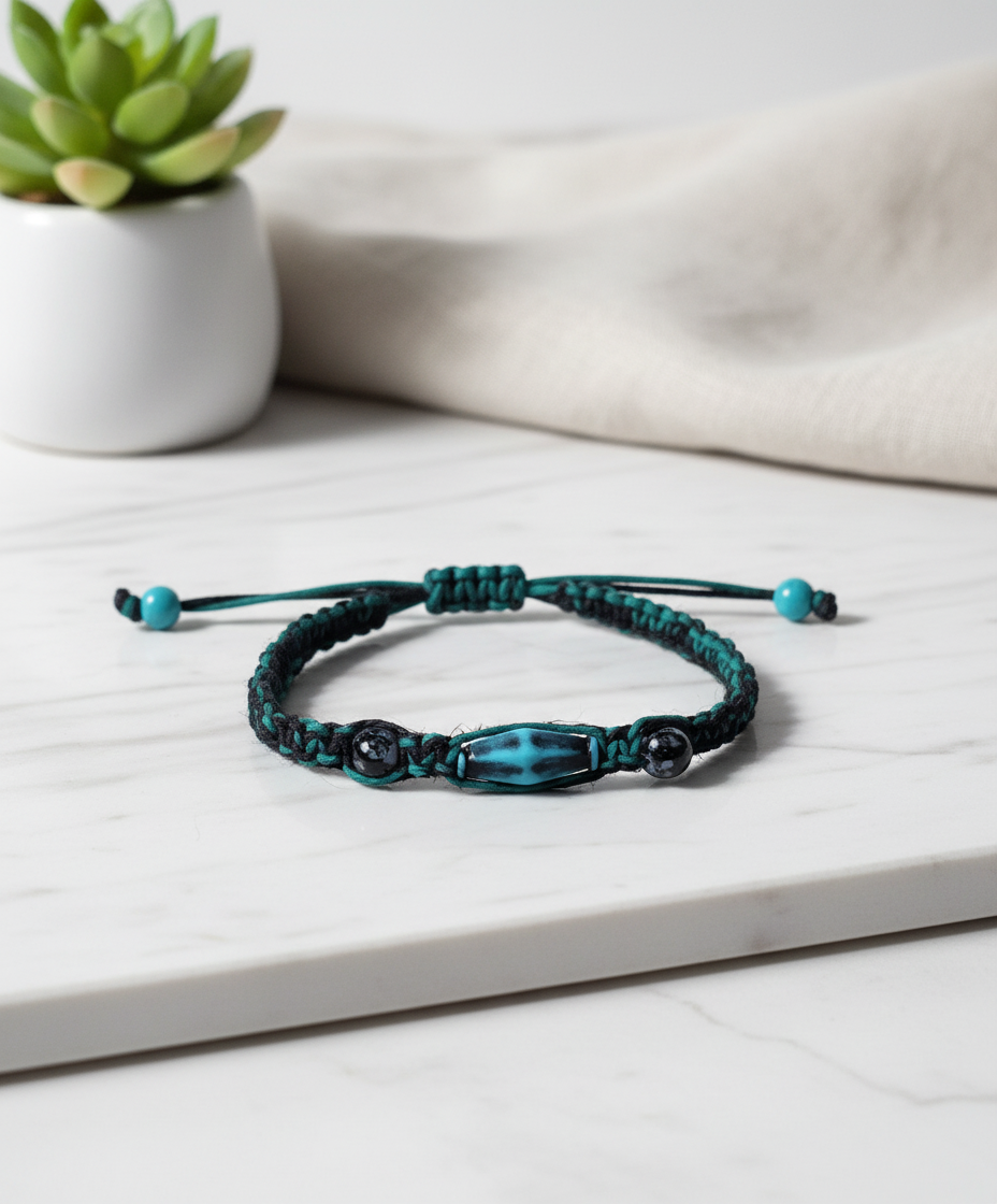 Handmade Teal Hemp Bracelet with Glass Beads