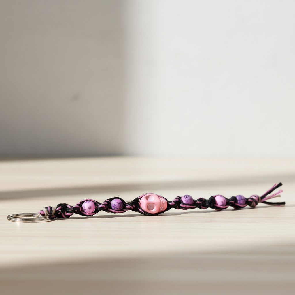 Pretty in Punk – Fierce Black & Pink Hemp Keychain with Hot Pink Beads + Badass Skull Charm | Spooky Babe Vibes Only
