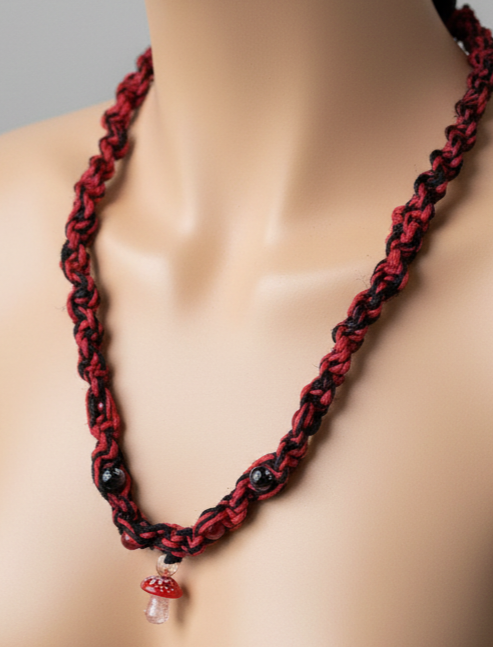 Red and Black Hemp Necklace – Handmade Boho Hemp Jewelry, Unisex Macrame Alternative Style Accessory