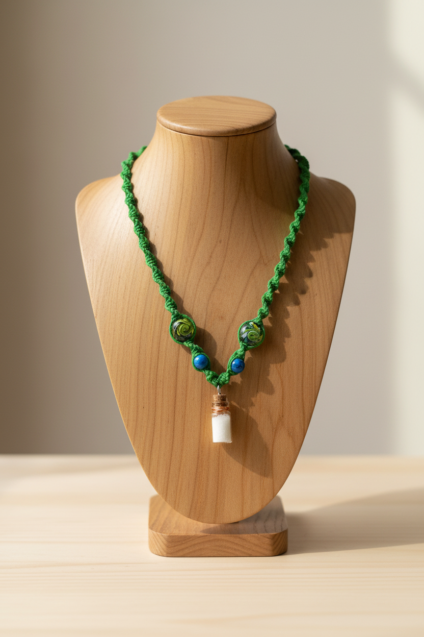Handmade Green Hemp Necklace: Drink Me Glass Bead