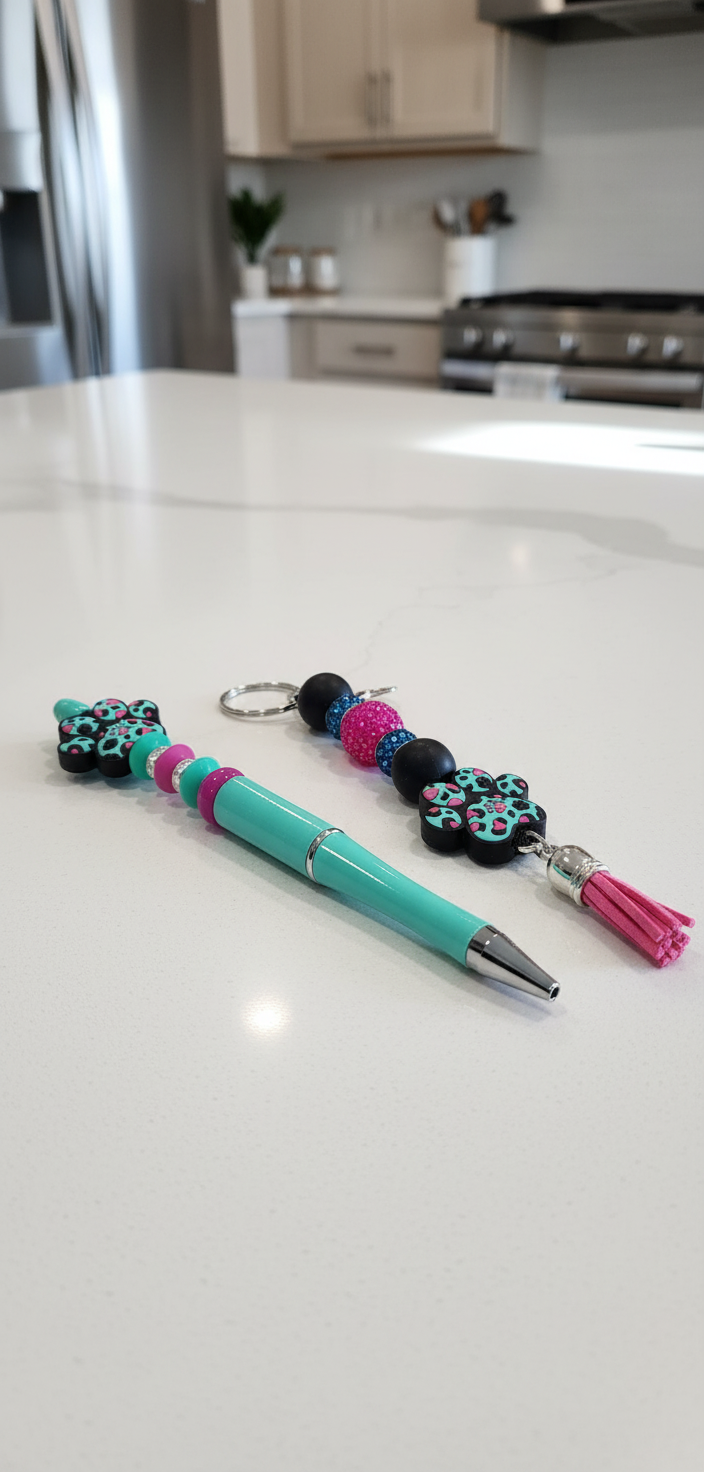 Leopard Paw Print Gift Set – Matching Pen & Acrylic Keychain | Animal Print Accessories