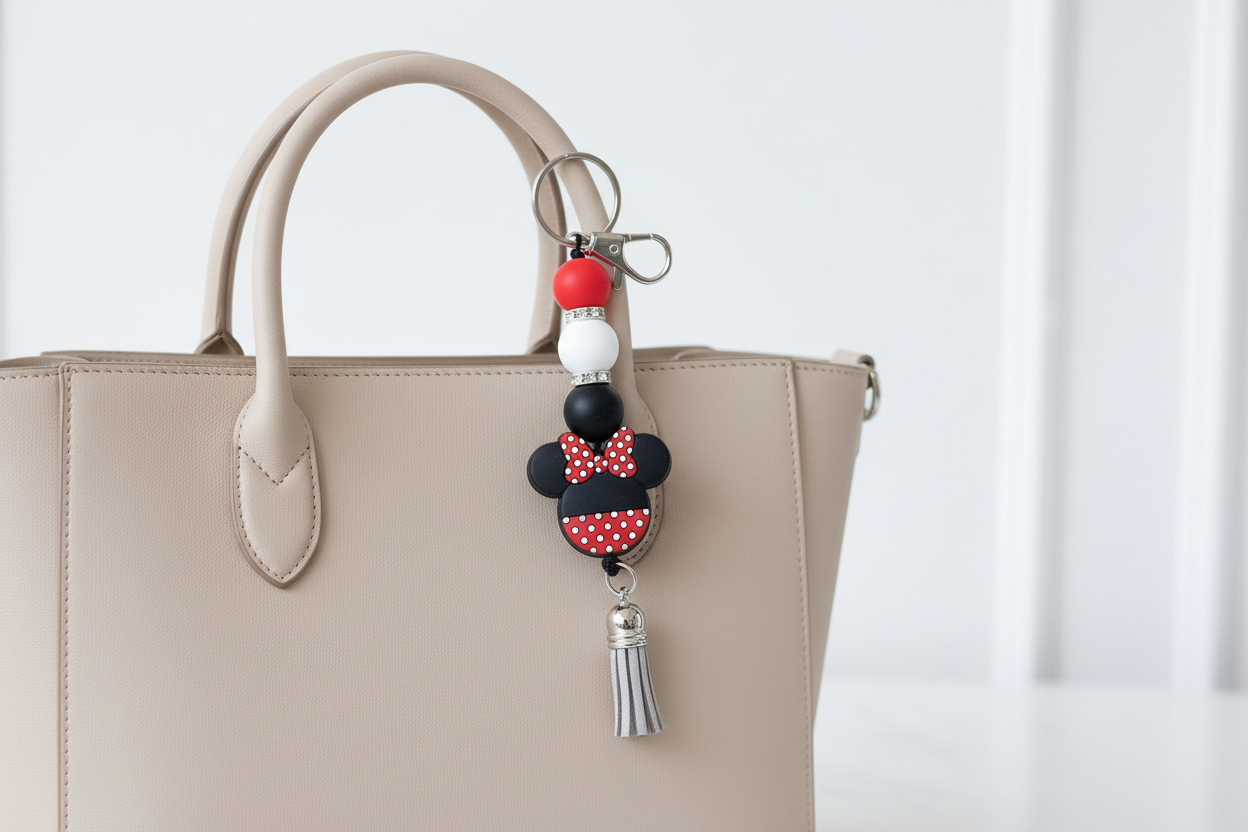 Red Black and White Beaded Keychain, Pen and Sticker Gift Set