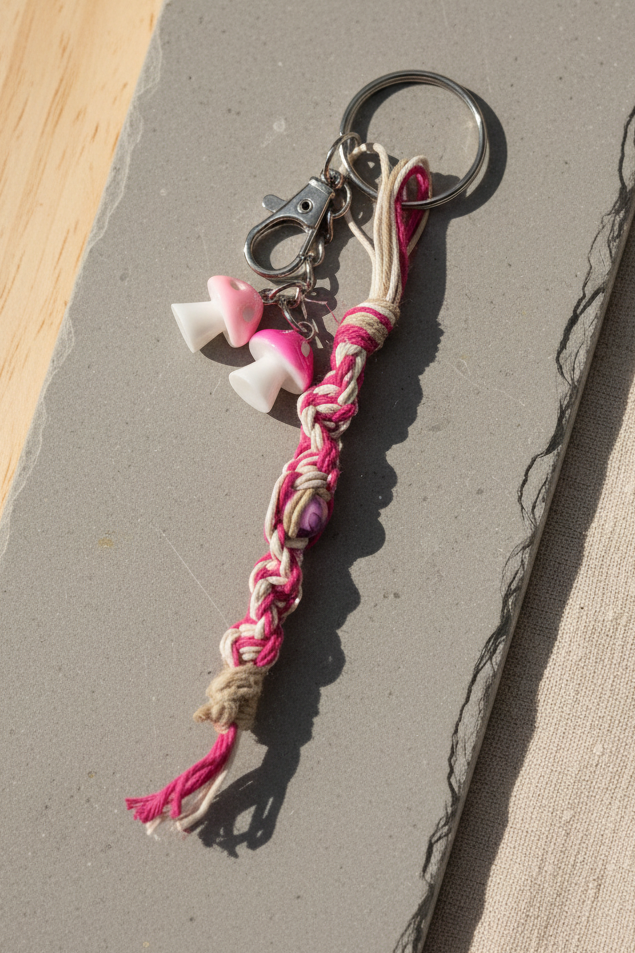 Pink and White Handmade Hemp Keychain – Beaded Boho Style Accessory