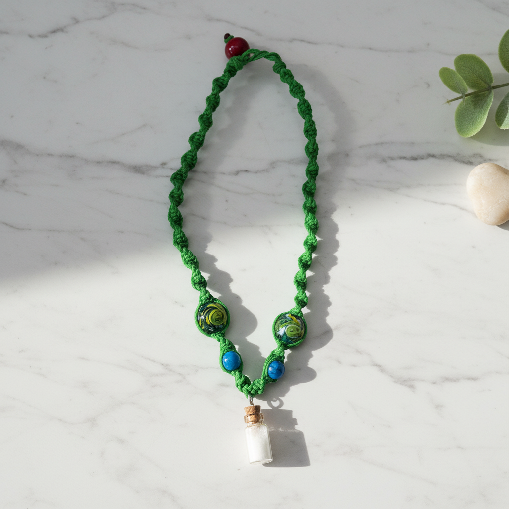 Handmade Green Hemp Necklace: Drink Me Glass Bead