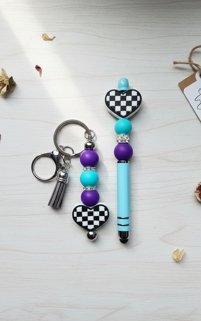 Handmade Checkered Heart Keychain: Pink & Green Beaded Keyring