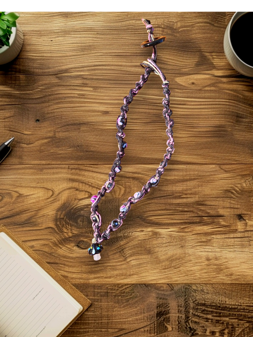 Pink & Black Hemp Necklace: Mushroom Pendant, Boho Alt Jewelry