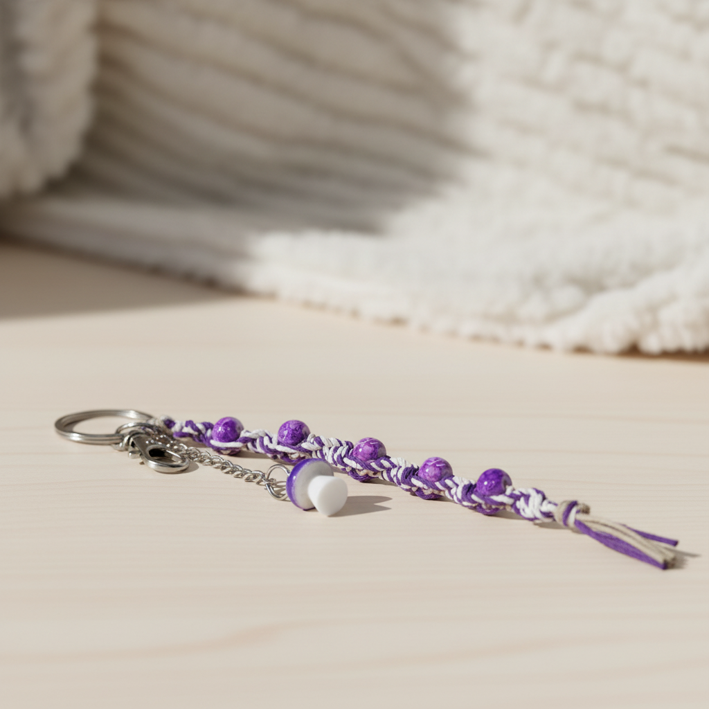 Handmade Hemp Keychain with Purple Mushroom Bead – Boho Beaded Keychain, Glass Bead Keychain, Unique Handmade Accessory