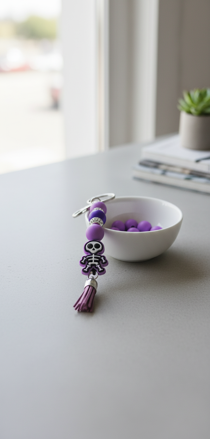 Cute Skull Keychain Beaded Charm, Handmade Halloween Keyring Accessory, Unique Backpack & Purse Pendant Gift