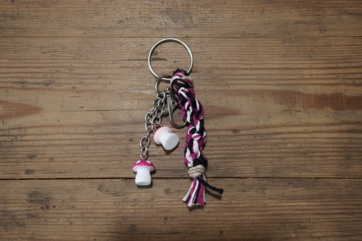 Mini Hemp Keychain with Acrylic Mushroom Charm - Boho Key Ring, Eco-Friendly Gift, Handmade Accessory, Nature-Inspired Jewelry
