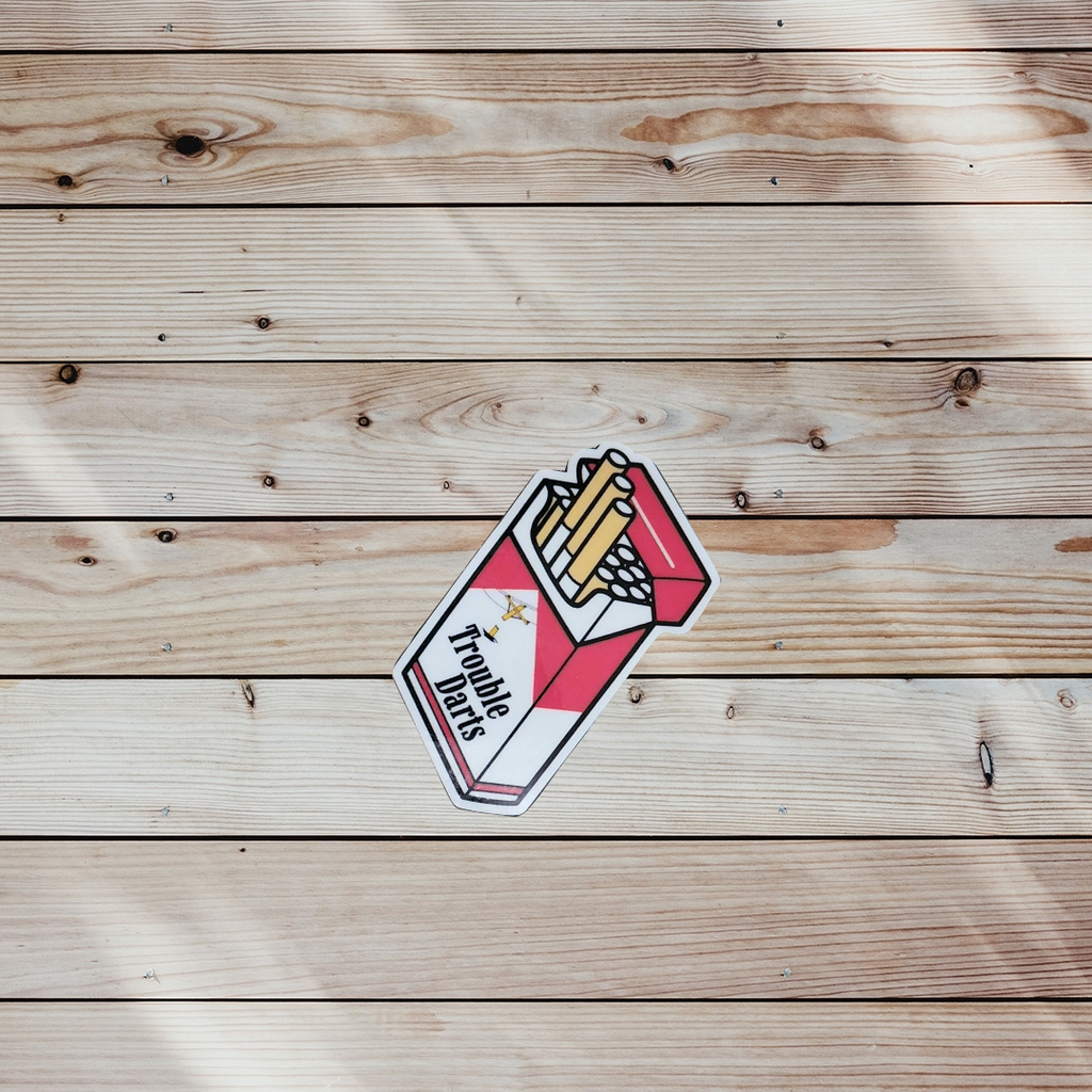 Trouble Darts Cigarette Pack Sticker | Red & White 2x2 Funny Sassy Vinyl Decal for Laptop, Water Bottle, or Toolbox
