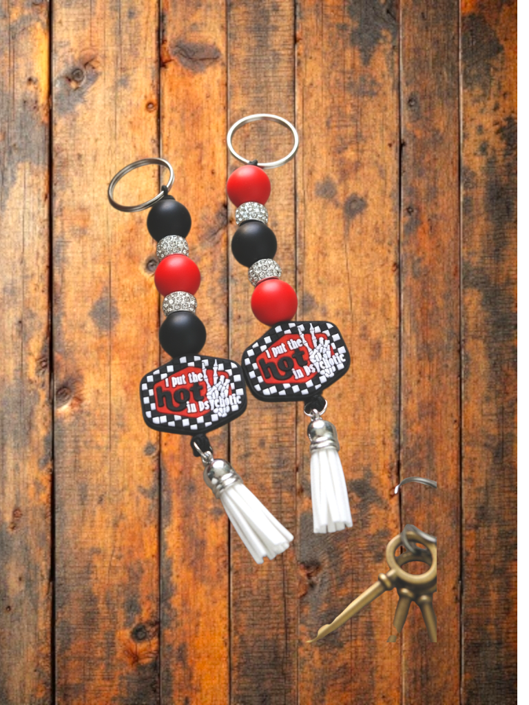 Funny Beaded Keychain: I Put the Hot in Psychotic - Dark Humor Bag Charm
