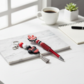 Red Black and White Beaded Keychain, Pen and Sticker Gift Set