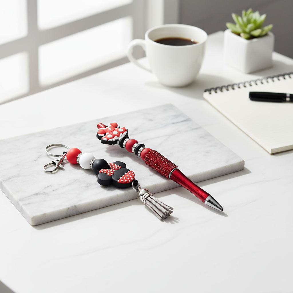 Red Black and White Beaded Keychain, Pen and Sticker Gift Set