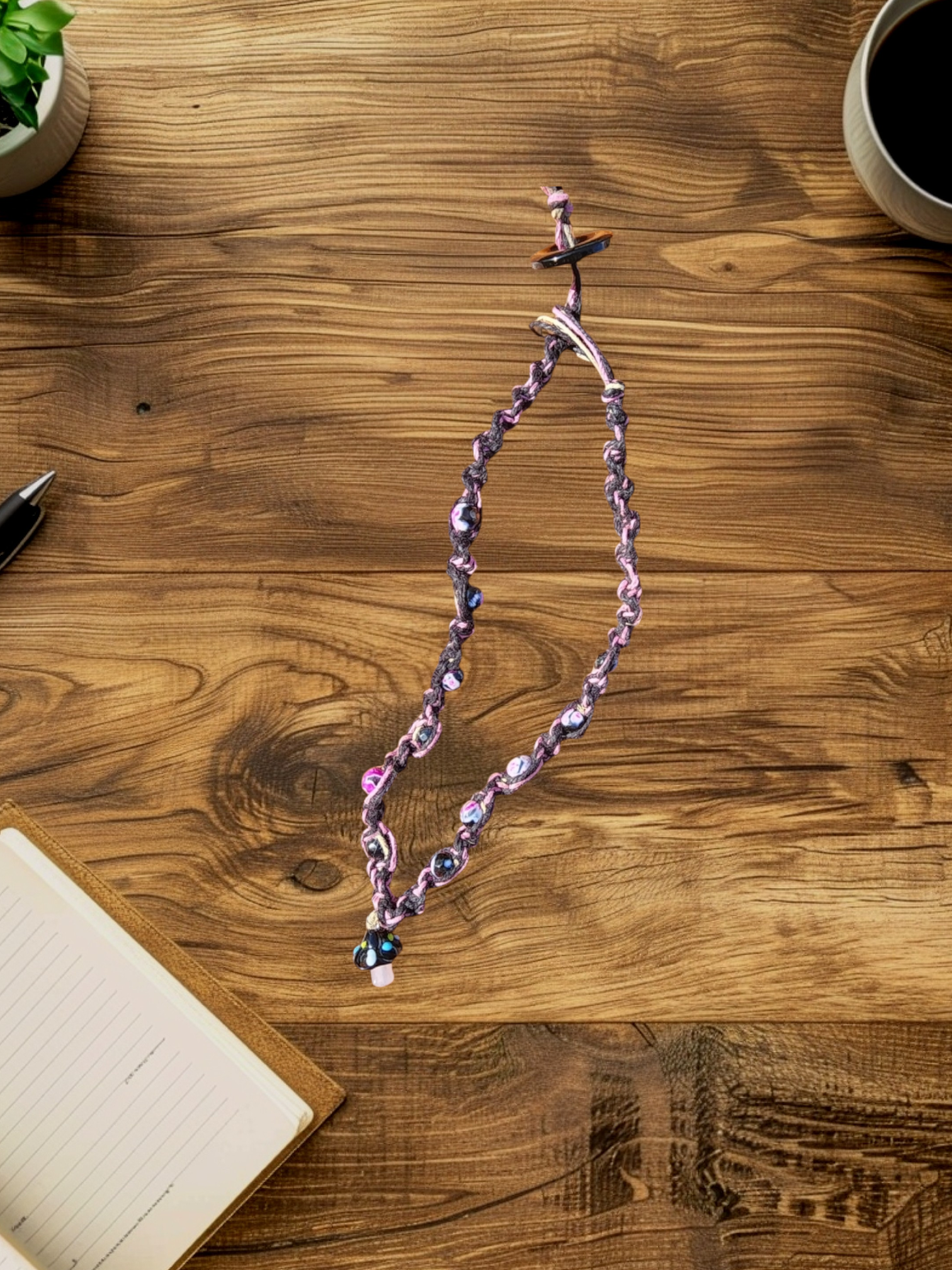 Pink & Black Hemp Necklace: Mushroom Pendant, Boho Alt Jewelry
