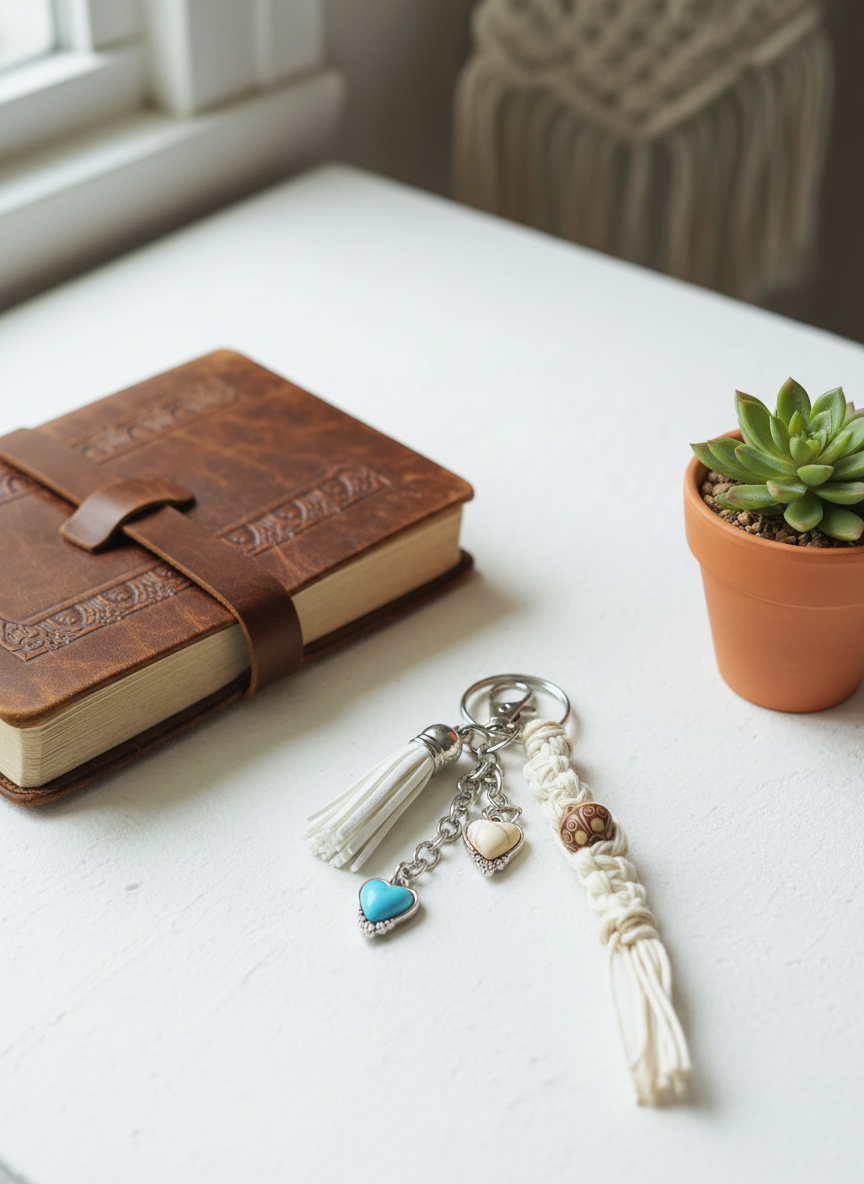 Handmade Hemp Keychain: Heart Charms & Glass Beads