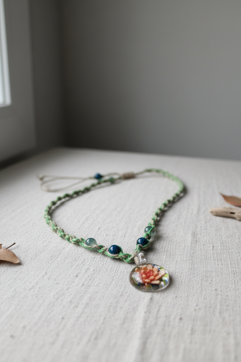 Handmade Hemp Necklace with Glass Flower Pendant