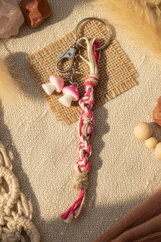 Pink and White Handmade Hemp Keychain – Beaded Boho Style Accessory