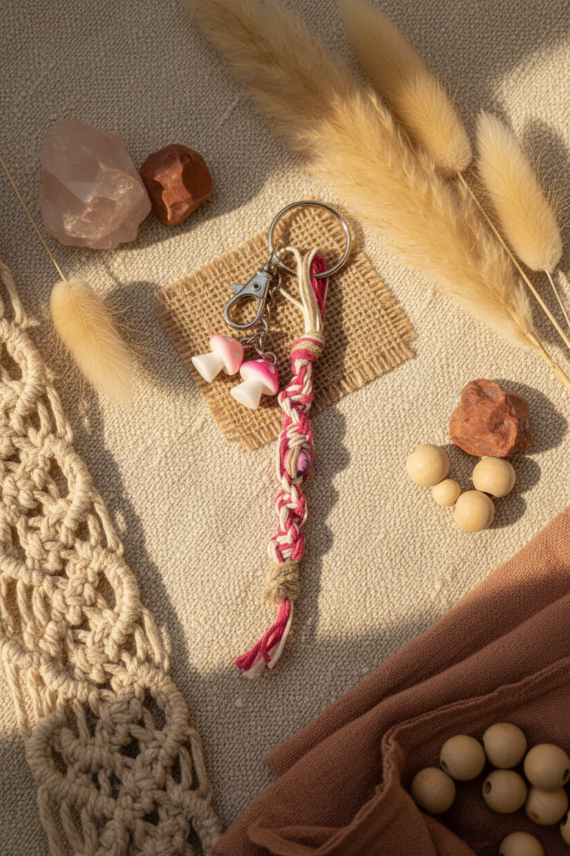 Pink and White Handmade Hemp Keychain – Beaded Boho Style Accessory