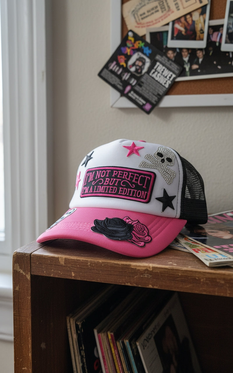 Pink/White/Black Trucker Hat with Patch "I'm Not Perfect But I'm a Limited Edition
