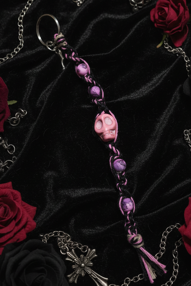 Pretty in Punk – Fierce Black & Pink Hemp Keychain with Hot Pink Beads + Badass Skull Charm | Spooky Babe Vibes Only