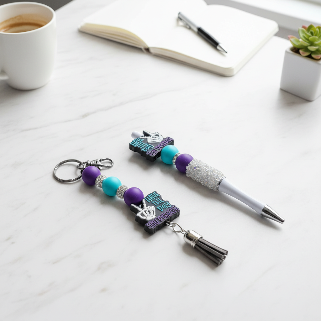 Have the Day You Deserve Pen & Keychain Gift Set | Sassy Beaded Pen and Matching Keychain | Funny Gift for Coworkers, Friends and Boss Babes