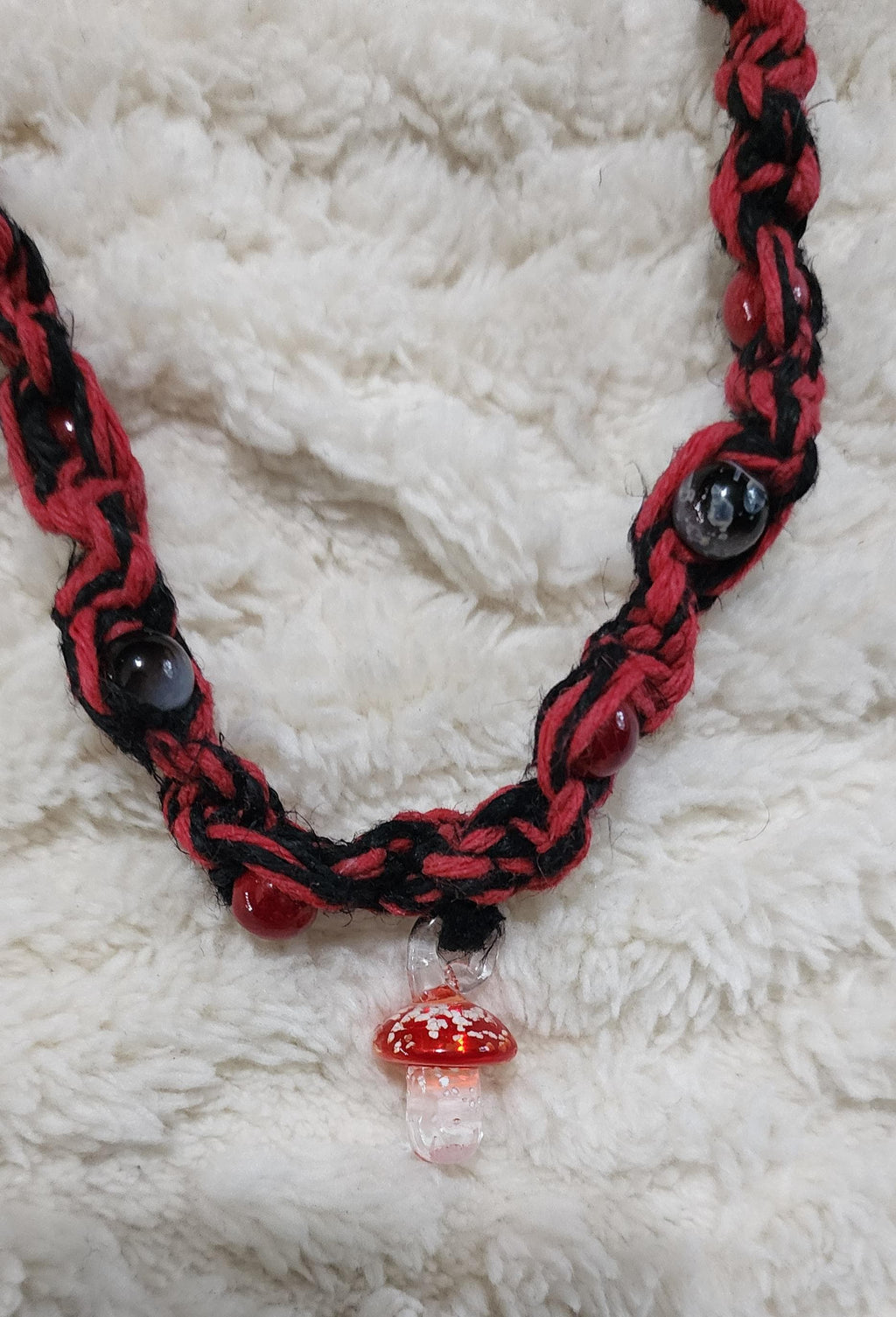 Red and Black Hemp Necklace – Handmade Boho Hemp Jewelry, Unisex Macrame Alternative Style Accessory
