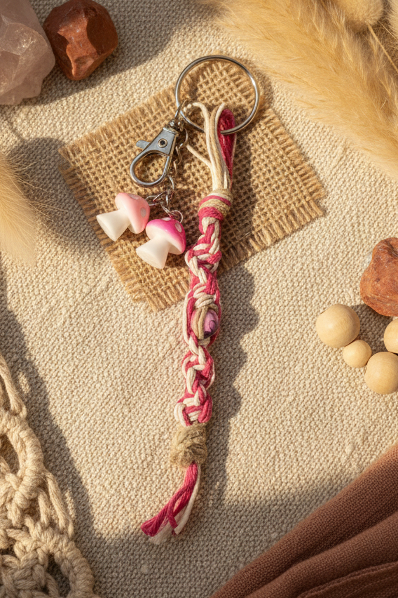 Pink and White Handmade Hemp Keychain – Beaded Boho Style Accessory