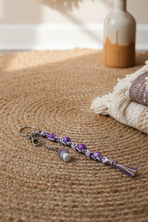 Handmade Hemp Keychain with Purple Mushroom Bead – Boho Beaded Keychain, Glass Bead Keychain, Unique Handmade Accessory