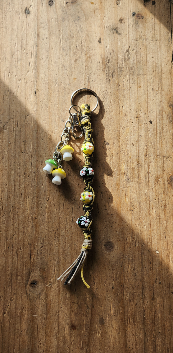 Handmade Hemp Keychain: Flower Beads and Mushroom Charms