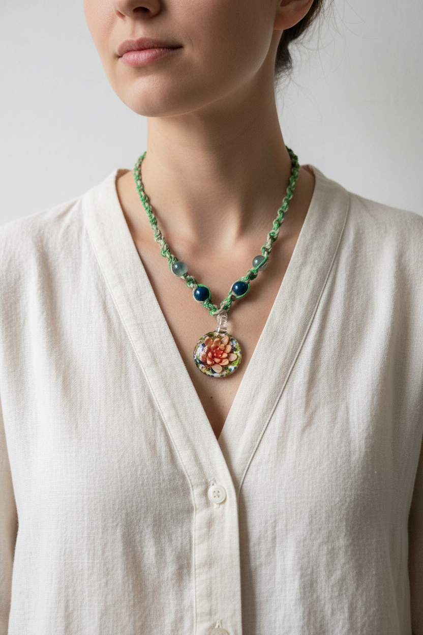 Handmade Hemp Necklace with Glass Flower Pendant