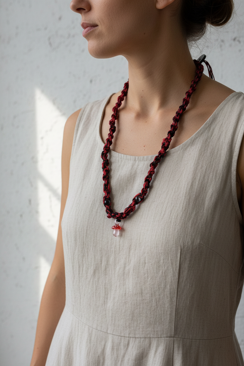 Red and Black Hemp Necklace – Handmade Boho Hemp Jewelry, Unisex Macrame Alternative Style Accessory