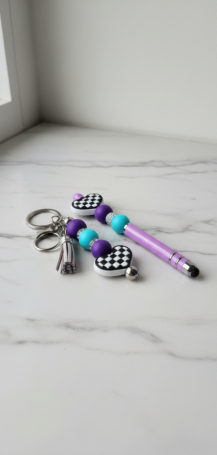 Handmade Checkered Heart Keychain: Pink & Green Beaded Keyring